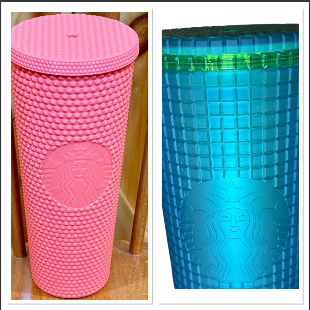 2‎ Starbucks 24 oz. Pink & Green Studded Tumbler(no straws)